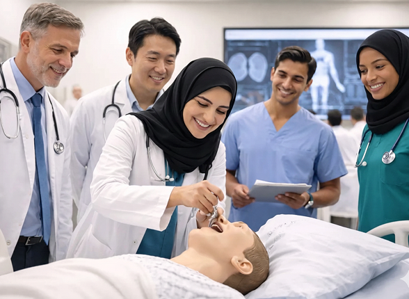 A team of surgeons performing an operation under surgical lights