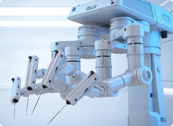 A team of surgeons performing an operation under surgical lights