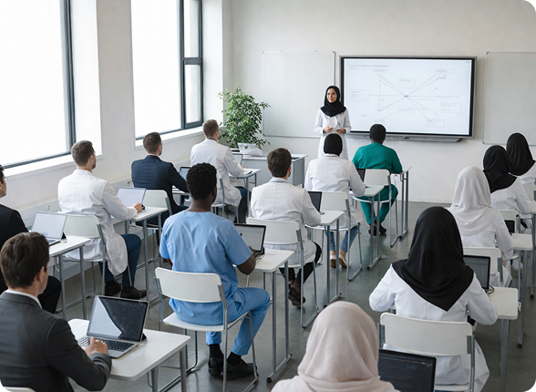 A team of surgeons performing an operation under surgical lights